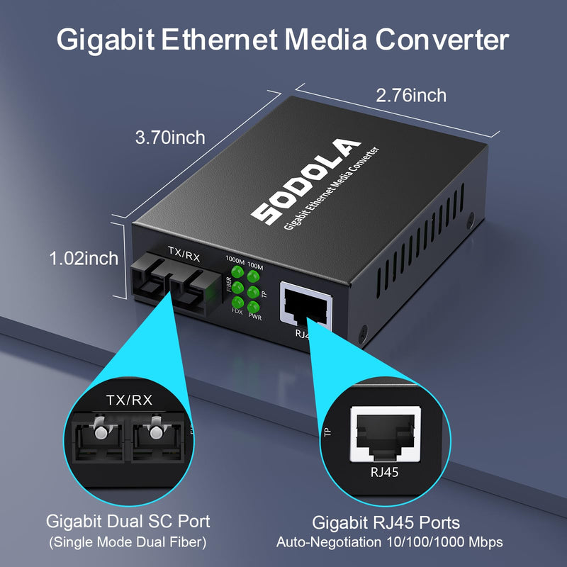 SODOLA Gigabit SingleMode Fiber to Ethernet Media Converter, Dual SC Fiber, 1000Base-LX to 10/100/1000Base-Tx Gigabit SMF Fiber SC to Copper RJ45 Ethernet Converter, up to 20km, Pack of 2