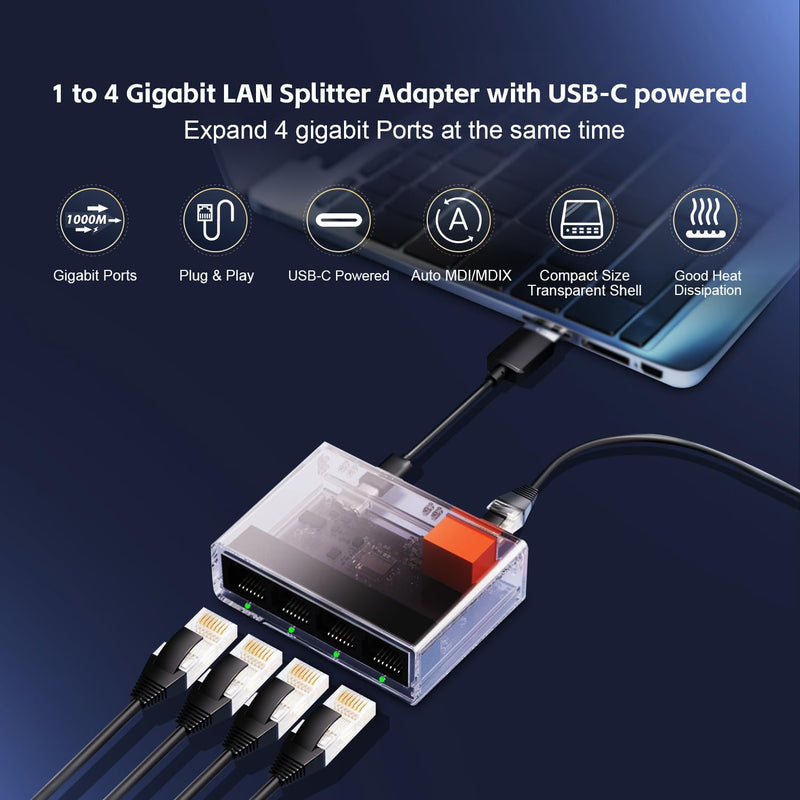 Gigabit Ethernet Splitter 1 to 4 Port, 1000Mbps High-Speed LAN Adapter with USB Cable, Mini Plastic YuLinca Network Hub, Plug & Play for Router, Modem, PC, IP Camera, Printer, Smart TV Black