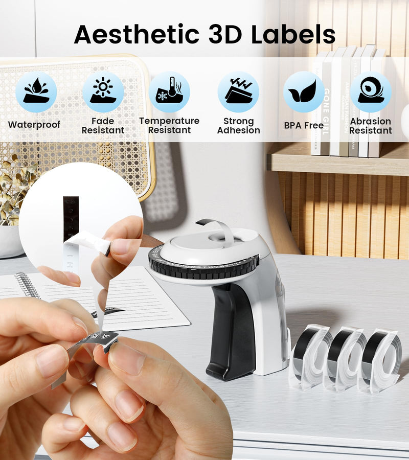 [AUSTRALIA] - Embossing Label Maker Machine with Tapes, Vintage Embossed Label Maker, Retro Embossing Machine with 3 Rolls 3D Embossing Label Tapes Waterproof for Home Office Kids DIY Crafting, Black 