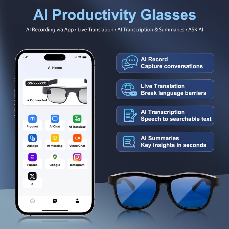 Smart Bluetooth Audio Glasses with Active Electrochromic Dimming, Hands-Free Calls & Music, AI Assistant & Productivity, Wearable Tech Glasses for Business/Travel/Sports, Ideal Gifts for Men Women