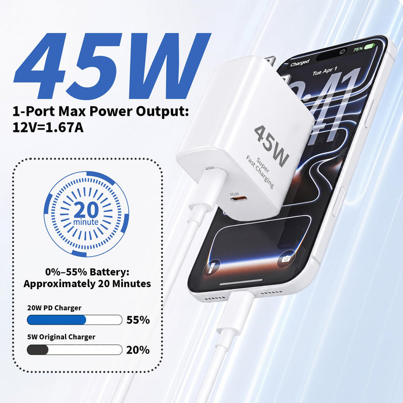 Apple 17e Fast Charging Block,[Apple MFi Certified]45W Dual Port iPhone Charger Fast Charging Plug & 4 Pack 60W USB C Cable Cord[3/6/6/10FT]for iPhone 17/17 Pro/17 Air/16/16 e/16 Pro/16 Plus/15/15 Pro Whitte