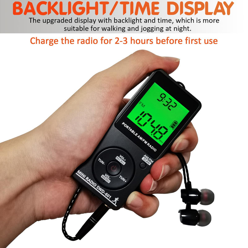 [AUSTRALIA] - AM/FM Personal Portable Mini Radio with Digital Tuning LCD Display and Backlight Time, SWDSTP Rechargeable Pocket Radio with Earphone and Belt Clip for Walking, Jogging 