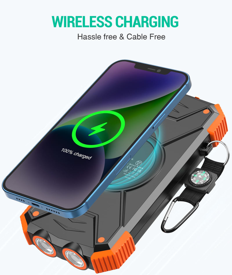 [AUSTRALIA] - BLAVOR Solar Power Bank 10,000mAh, Portable Wireless Charger, 20W Fast Charging External Battery Pack with USB C for Cell Phones, Solar Panel Charging with Dual Flashlight for Camping Orange 