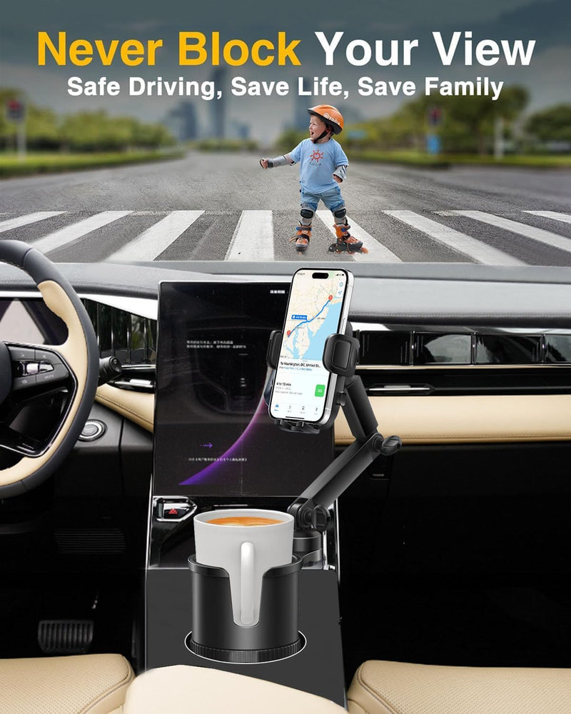 2-in-1 Cup Phone Holder for Car, 360° Adjustable Car Phone Mount | Anti-Slip Phone Cup Holder Long Arm, Fits 2.5–4" Cup Slots, Stable Holds Phones & Large Bottles, Compatible iPhone 17/16 Pro black