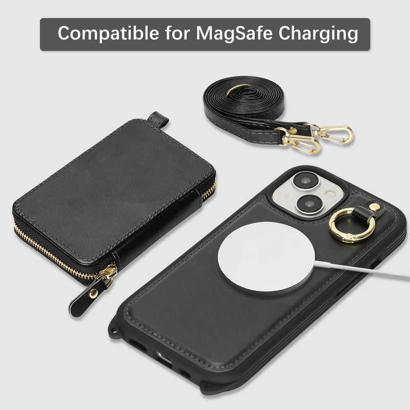 Cavor for iPhone 13 Wallet Case with Card Holder, Black | for iPhone 13 Case with Strap, Crossbody Lanyard Phone Case for Women Men, Magnetic Detachable Compatible with Magsafe