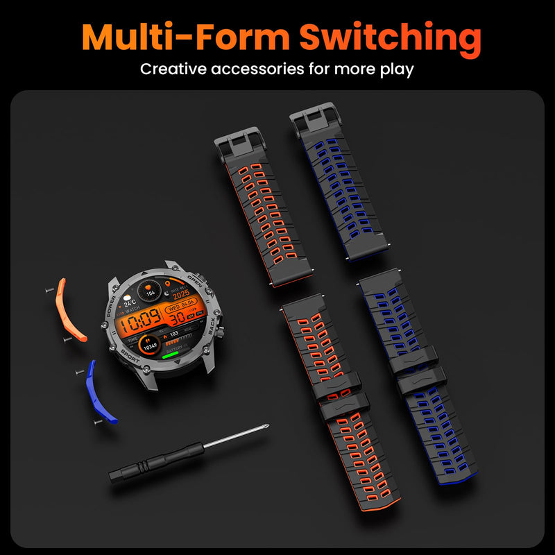 Hwagol Smart Watches for Men (Call/Notification),1.52''HD Military Smart Watch with Heart Rate/Sleep Monitor/Pedometer for Android and iOS,DIY Design Fitness Tracker,1 Pack with 2-Piece Look Set orange-blue