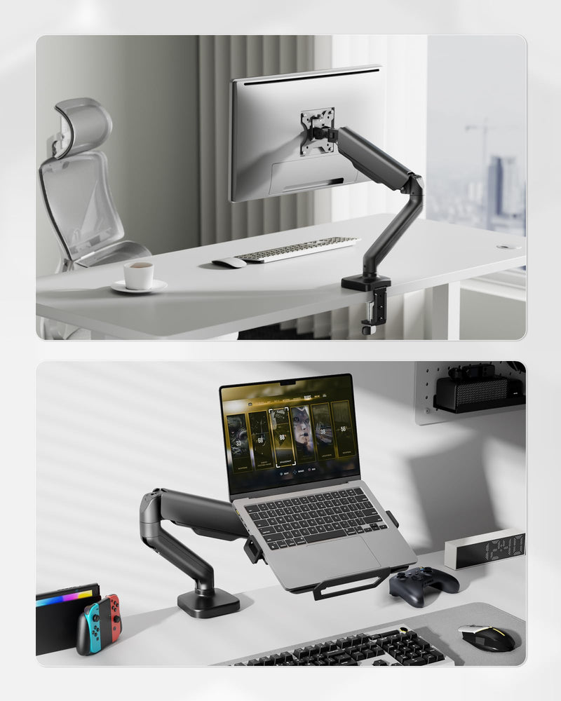 monTEK 2-in-1 Laptop & Monitor Desk Mount, Fits 12–18"Laptops & 32" Screens | 2-in-1 Desk Mount with Removable Vented Laptop Tray, Full Motion Arm with Clamp/Grommet Base, 75/100 VESA Mount Single Arm