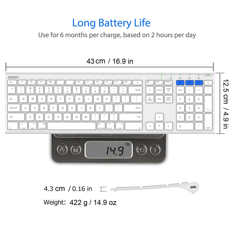 Arteck Bluetooth Keyboard for Mac iPad Multi-Device Stainless Steel Full Size Wireless Keyboard Compatible with iPad, iMac, Mac Mini, MacBook, iPhone, Mac OS, iOS, Built-in Rechargeable Battery