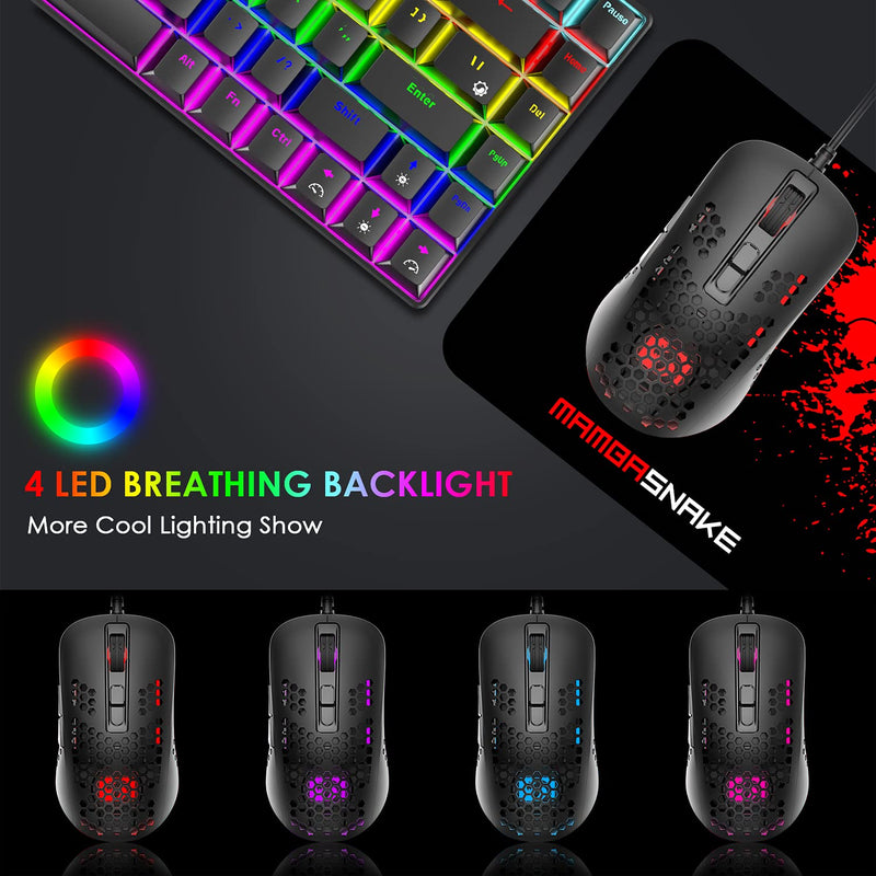 Lightweight Gaming Mouse Wired,USB Optical Computer Mice with RGB Backlit,4 Adjustable DPI Up to 2400,Ergonomic Gamer Laptop PC Mouse with Honeycomb Shell for Windows 7/8/10/XP Vista Linux -Black Black