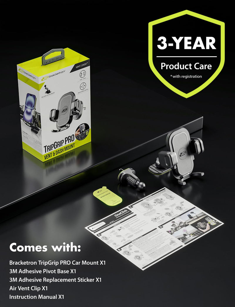 Bracketron TripGrip PRO Car Phone Holder Mount, Vent & Dash, One-Button | TripGrip PRO suction cup phone holder with secure vent hook, one-button release, and 360° rotation for most smartphones