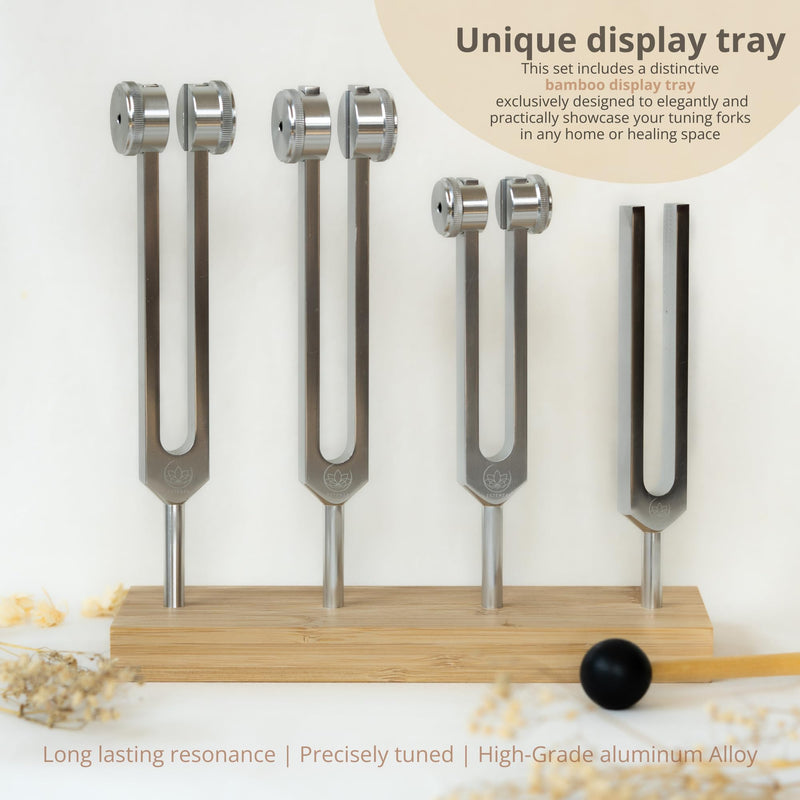 [AUSTRALIA] - Tuning Forks for Healing Set – 128 Hz, 136.1 Hz, 256 Hz, 384 Hz Sound Healing Instruments with Bamboo Display Tray and User Guide for Sound Therapy, Meditation, Chakra Healing & Sound Bath Rituals 