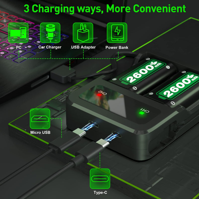 Ukor Fast Charging 2x6200mWh(2x2600mAh) Rechargeable Battery Packs with Charger for Xbox One/Xbox Series X|S Xbox One S/Xbox One X/Xbox One Elite Wireless Controller, Lasting Intelligent Protection