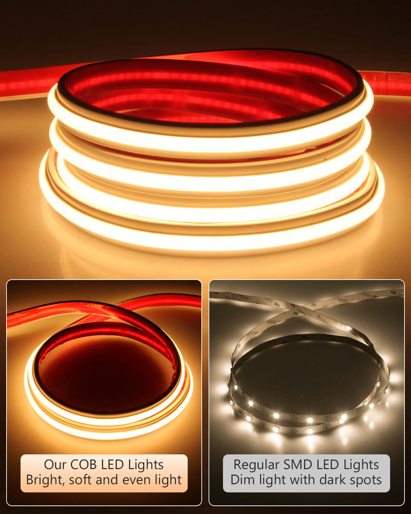 Aclorol COB LED Strip Lights Warm White for Bedroom 5M 3000K AC 110V -120V Plug in LED Rope Lights Outdoor Waterproof IP68 Flexible High Density COB LED Tape Lights for Patio Garden Decor 288led/M