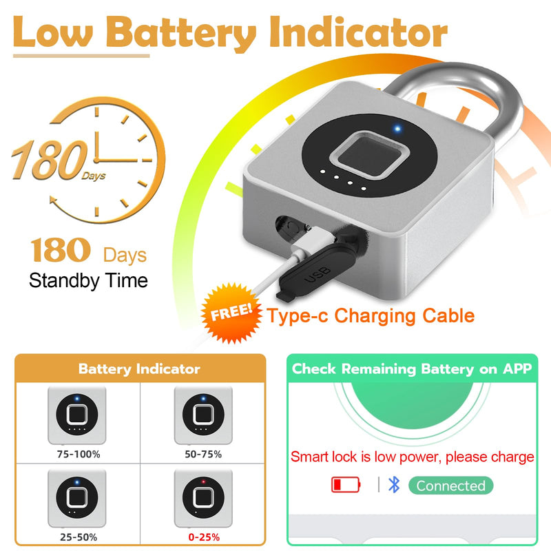 Pothunder Fingerprint Padlock, Fingerprint Lock with APP, Padlock with Keyless Biometric, Smart Padlock Waterproof Suitable for Gym, Locker, Gates, Fence and Storage Silver