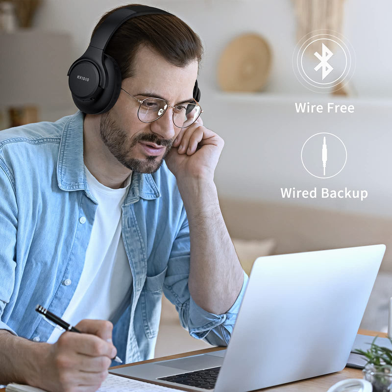 [AUSTRALIA] - Bluetooth Headphones Over Ear,KVIDIO 55 Hours Playtime Wireless Headphones with Microphone,Foldable Lightweight Headset with Deep Bass,HiFi Stereo Sound for Travel Work Laptop PC Cellphone Black 