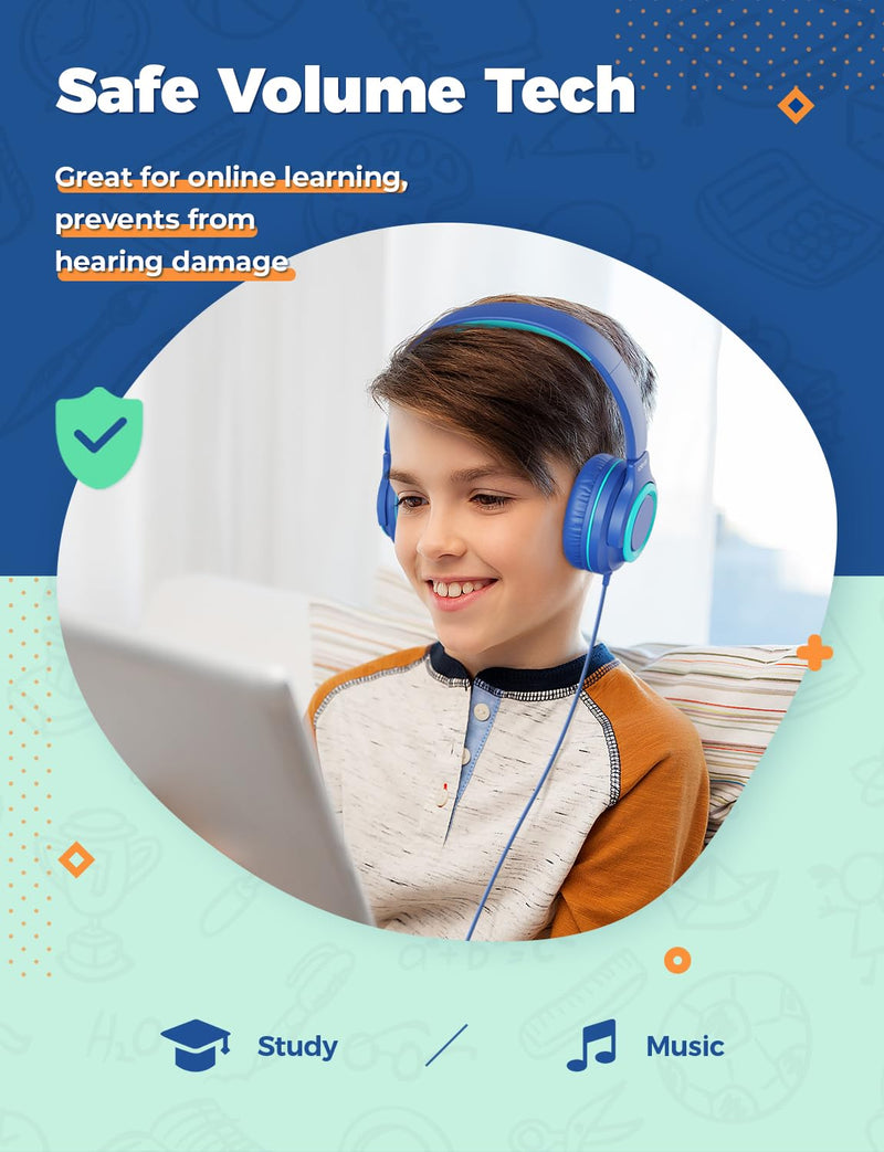 [AUSTRALIA] - iClever 2Pack Kids Headphones with Sharing Splitter - 85dBA Safe Volume Limited - HS22 Wired Headphones for Kids Teens, Tangle-Free 3.5mm Jack Foldable Stereo Headphones for School/Tablet/Travel Green & Blue 
