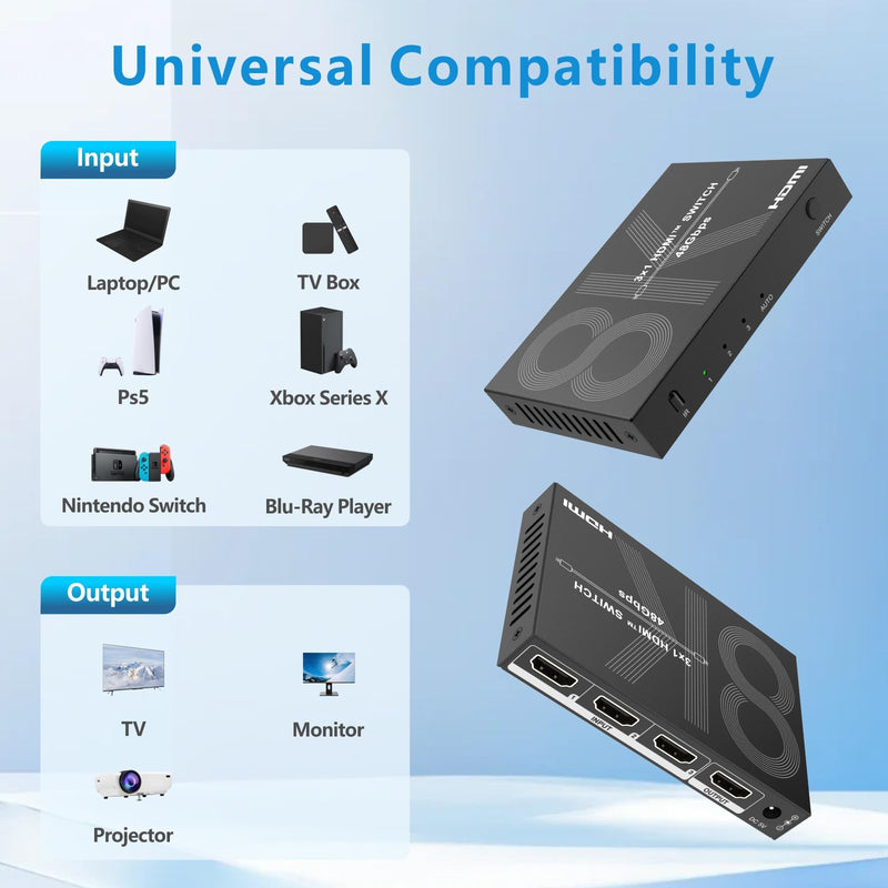 8K HDMI Switch 3 in 1 Out 4K@120Hz HDMI Switcher Support HDR10+, Dolby Vision, Dolby Atmos, VRR, ALLM, CEC