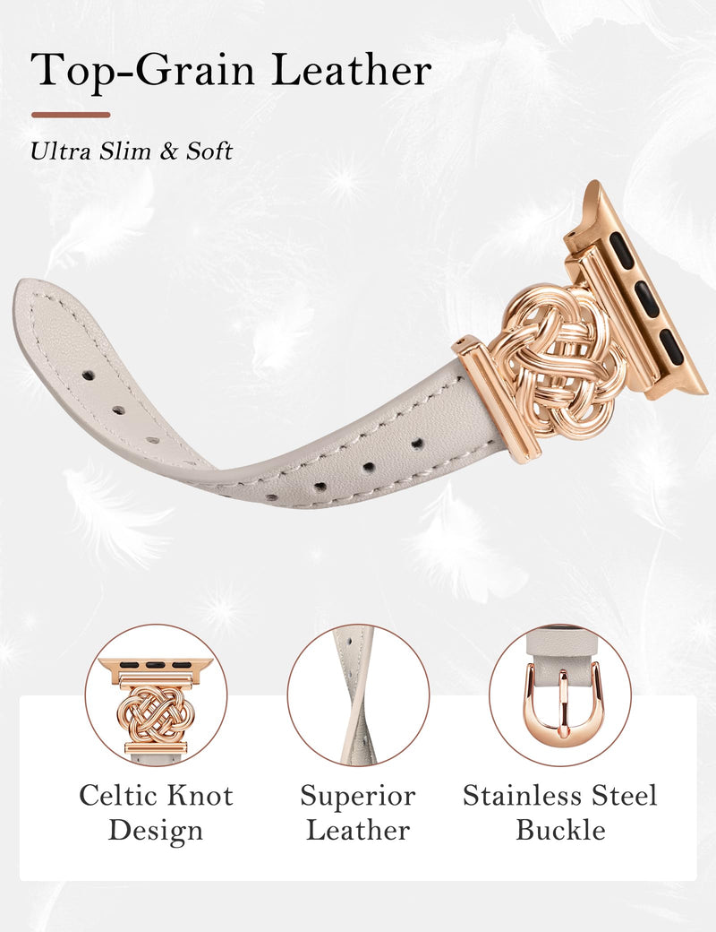 Minyee 2 Packs Watch Band Compatible with Apple Watch Band 42/46/41/40/38/44/45/49mm Women, Pretty Adjustable Studded Link Bracelet & Dressy Slim Thin Premium Leather Strap