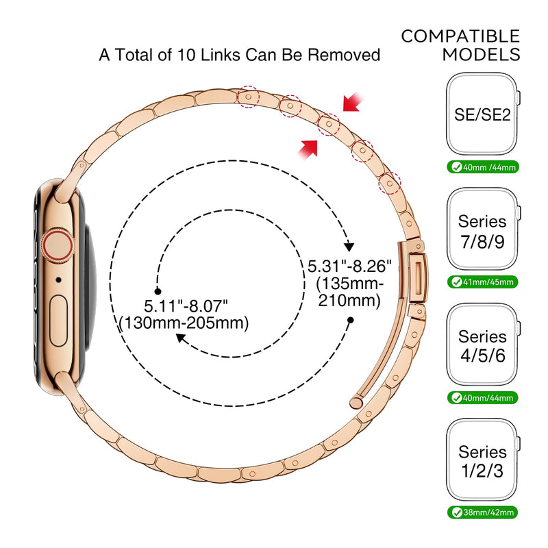 Slim Apple Watch Leather Band and Stainless Steel Metal Band for iWatch 38mm, 40mm, and 41mm，Black Rose Glod+Metal Rose Gold