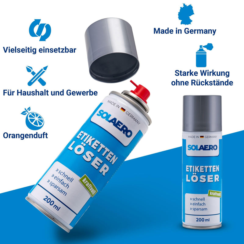 SOLAERO Label Remover (200 ml) - Extra Strong Adhesive Remover - Removes Label Remnants & Adhesive Residues from Wood, Glass & Plastic - Orange Fragrance - for Car, Vignettes, etc. - Made in Germany