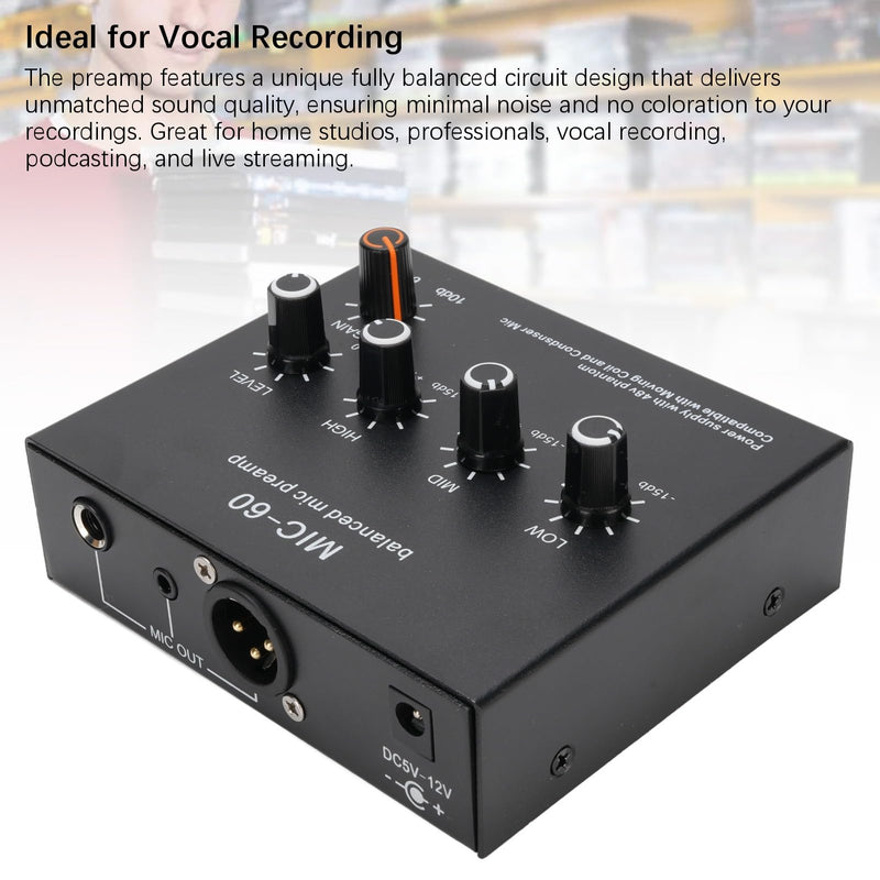 Microphone Preamp Mic Gain Booster 3 Input with 48V Power, XLR Balanced, 3.5mm/6.35mm Output, for Dynamic and Condenser Mic (with 3.5mm Sound Cable) With 3.5mm Sound Cable