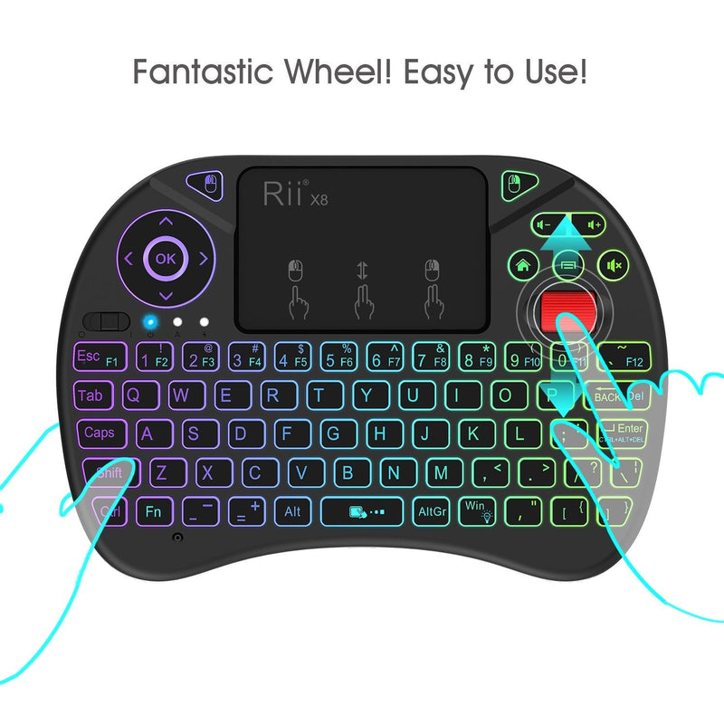 Mini Keyboard,Rii X8 Portable 2.4GHz Mini Wireless Keyboard Controller with Touchpad Mouse Combo,8 Colors RGB Backlit,Rechargeable Li-ion Battery for Google Android TV Box, PS3, PC, Pad,Nvidia Shield