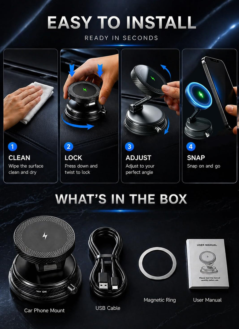 15W Magsafe Wireless Fast Charger Car Phone Mount Holder with Vacuum | ULiiZOMIR Adjustable Magnetic Mount, Strong Grip Dashboard & Windshield Holder for iPhone 12-17 and Android Devices