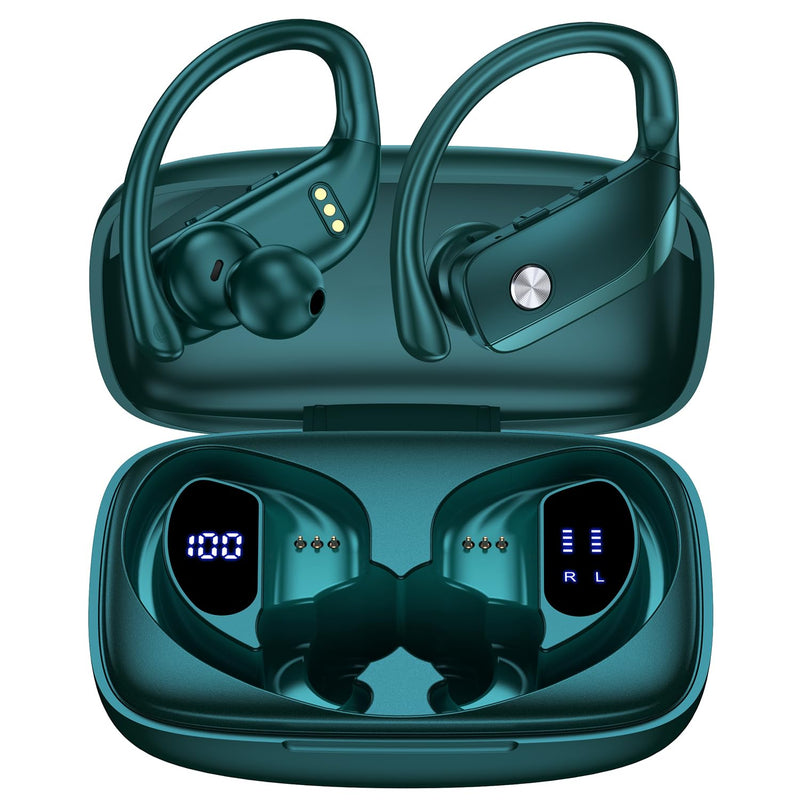 bmani 2 Sets Wireless Earbuds Bluetooth Headphones 48hrs Play Back Sport Earphones with LED Display Over-Ear Buds with Earhooks Built-in Mic Headset for Workout Black + Green