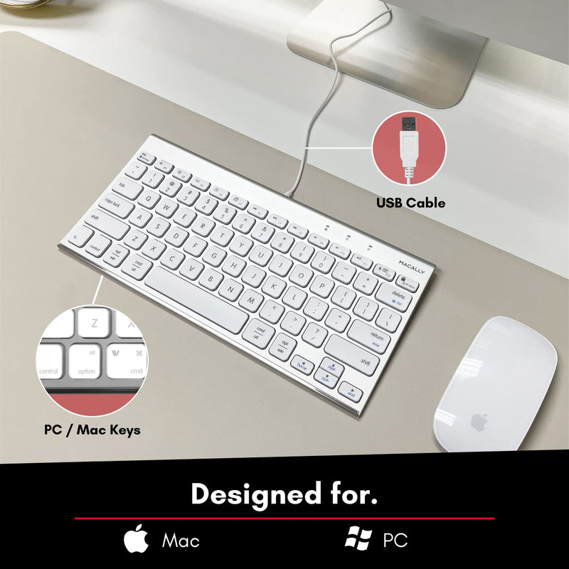 Macally USB Wired Keyboard for Mac and Windows PC - Space Saving Compatible Small Apple Keyboard - 78 Keys External Mac Keyboard for MacBook Pro/Air, iMac, Desktop Mac Mini - Silver Aluminum