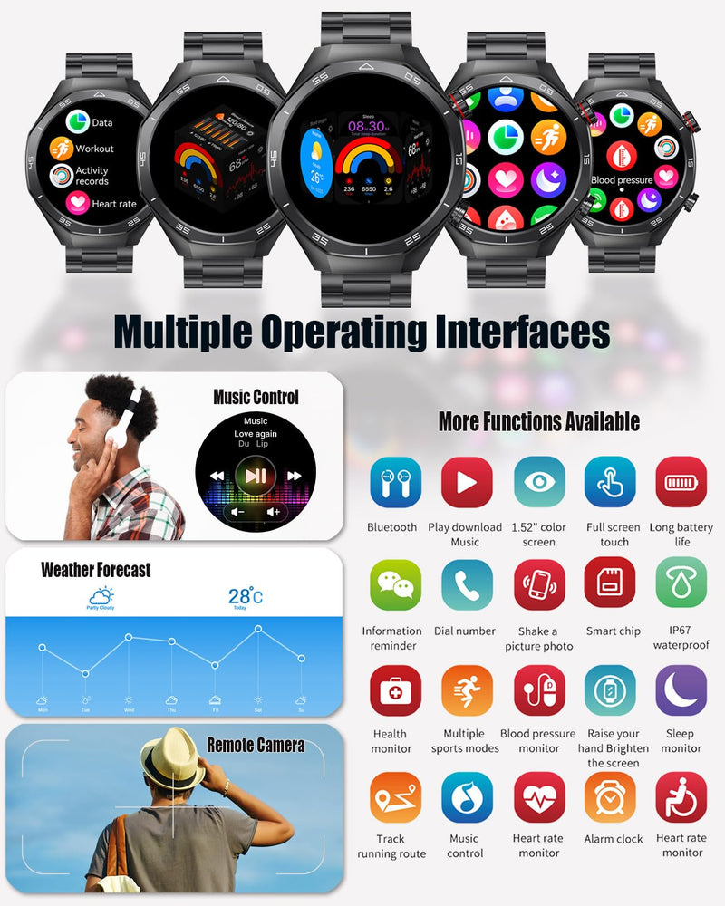 Men's Smart Watch 1.52" HD Touch Screen Sports Fitness Tracker with Bluetooth Calls IP67 Waterproof Smartwatch for Men 24/7 Heart Rate/Blood Pressure/Sleep Monitor, Support for Android iOS (Black) Black