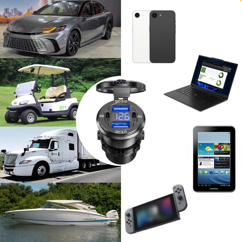 2PCS, Dual PD USB C Ports & Dual Quick Charge 3.0 Ports Car Charger Socket, VANONE Aluminum Alloy Waterproof 12V USB Outlet, Accessories for Car Boat Marine Motorcycle RV ATV Truck Golf Cart GSG2023-1M