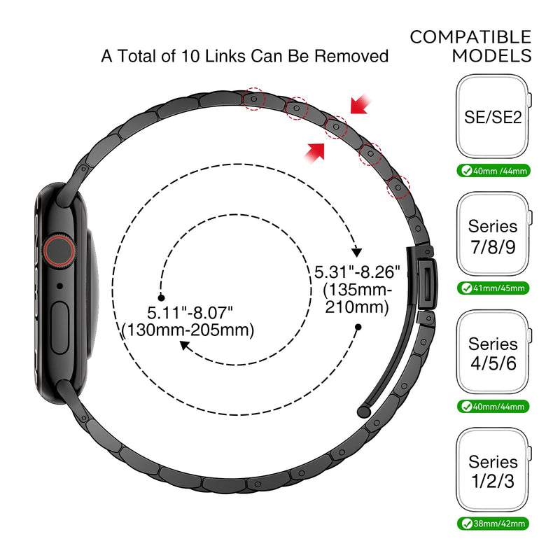 Slim Apple Watch Leather Band and Stainless Steel Metal Band for iWatch 38mm, 40mm, and 41mm，Black Black+Metal Black