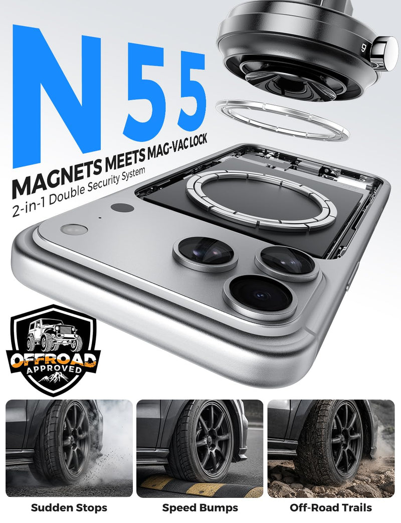eSamcore MagSafe Car Mount, Off-Road Mag-Vacuum Lock Magnetic Phone Holder | Windshield, Dash, 20 N55 Magnet, Adjustable MagSafe stand, Mag-Vac Lock, iPhone 17 16 15 14 Pro Max, iPad, Tablet, 4.7”-11.9”