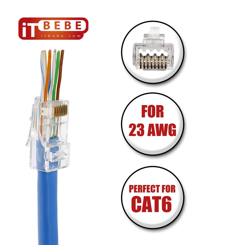 ITBEBE 300 Pieces RJ45 Cat6 cat6a Pass Through Connectors - Gold Plated Transparent Passthrough Ethernet Insert Crimp Connector UTP Network Plug for 23 AWG Cables Quantity 300