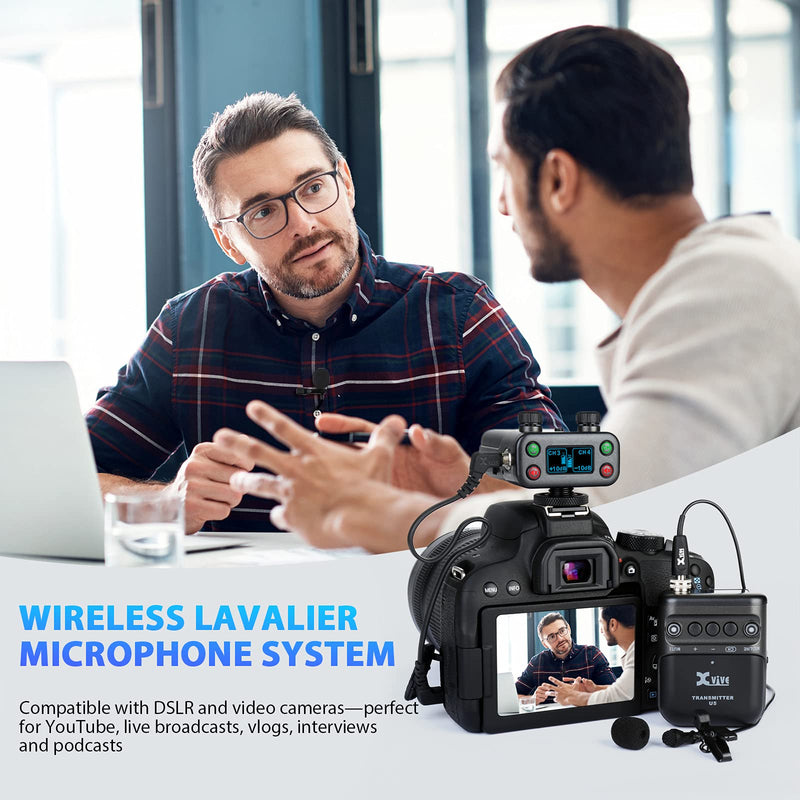 Xvive U5 Wireless Lavalier Microphone System 2.4Ghz Dual Channel with LV1 Lavalier Mic for DSLR Camera,Digital Camera,Recorder,Smart Phone for Recording YouTube TikTok Vlogging