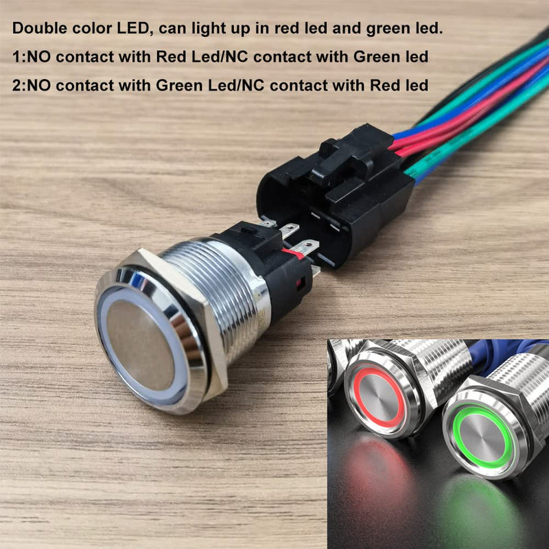 GUUZI 12V-24V/10A Momentary Push Button NO/NC, Waterproof, Green/Red LED Light, Illuminated, 22 mm Power Start Metal Push Button with Socket Plug Green/red 22 mm momentary switch