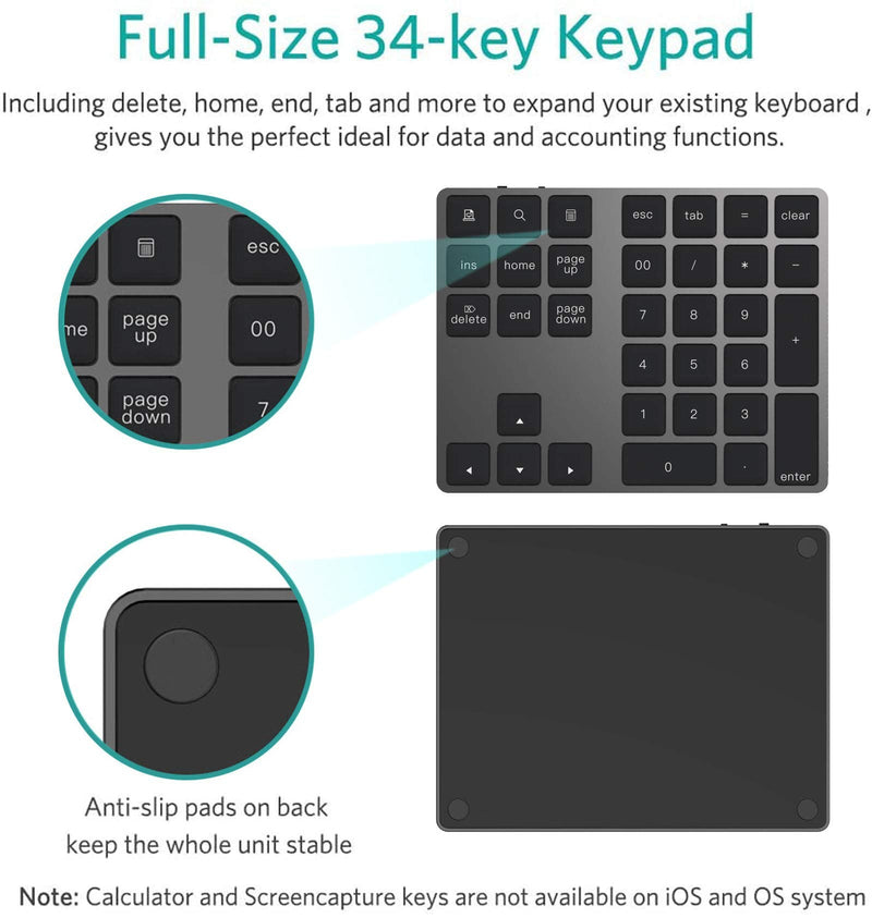Bluetooth Numeric Keypad, Rechargeable Aluminum 34-Key Number Pad Slim External Numpad Keyboard Data Entry Compatible for MacBook, MacBook Air/Pro, iMac Windows Laptop Surface Pro etc Black