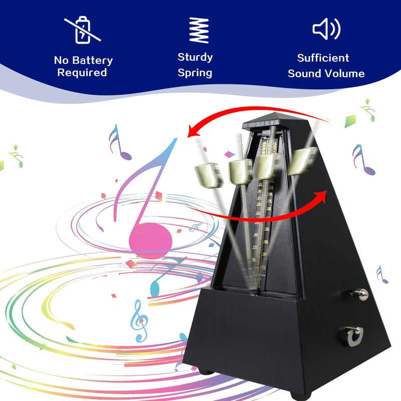 Mechanical metronome, universal music timer for piano, guitar, drums, violin and saxophone musicians, pyramid-designed DPM-1 music metronome, ebony color