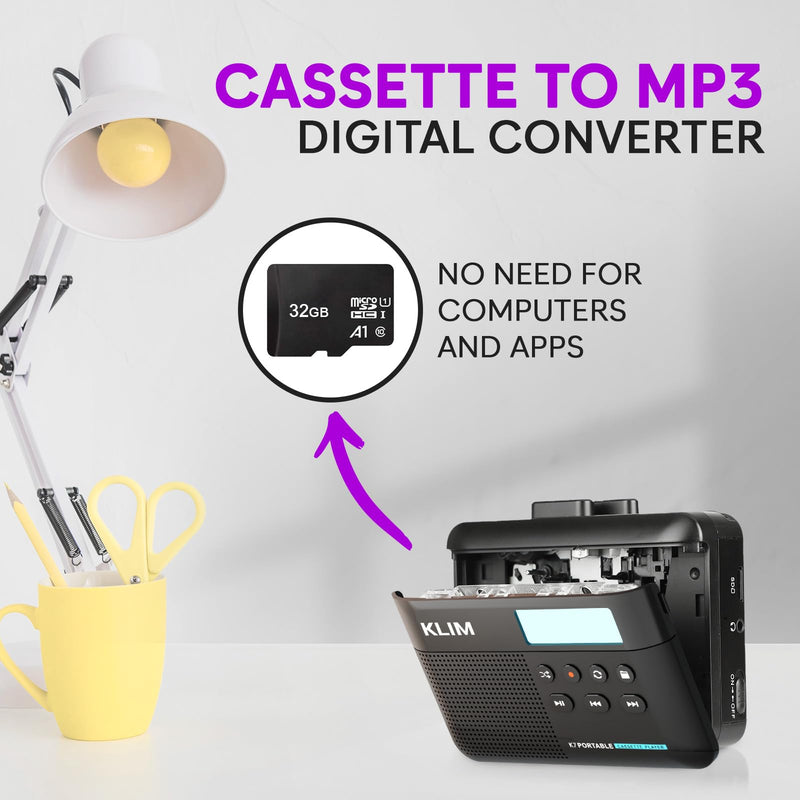 [AUSTRALIA] - KLIM K7 Cassette Tape Player + Cassette to MP3 Converter + Portable Cassette Player + Built-in Microphone & Speaker + Rechargeable Battery + Earphones + 32GB SD Card 32GB Black 