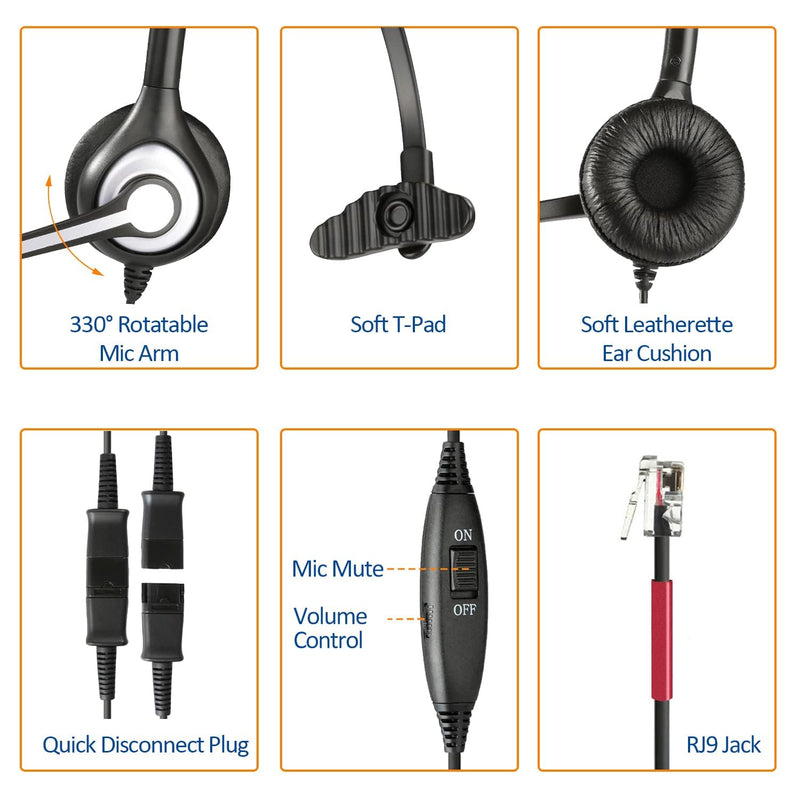 Wantek Yealink Phone Headset with Quick Disconnect Cord, RJ9 Office Telephone Headsets with Mic Noise Cancelling Compatible with Yealink VoIP Phone T21P T42S T46S T48S T27G T53W T54W Grandstream Snom Monaural Black