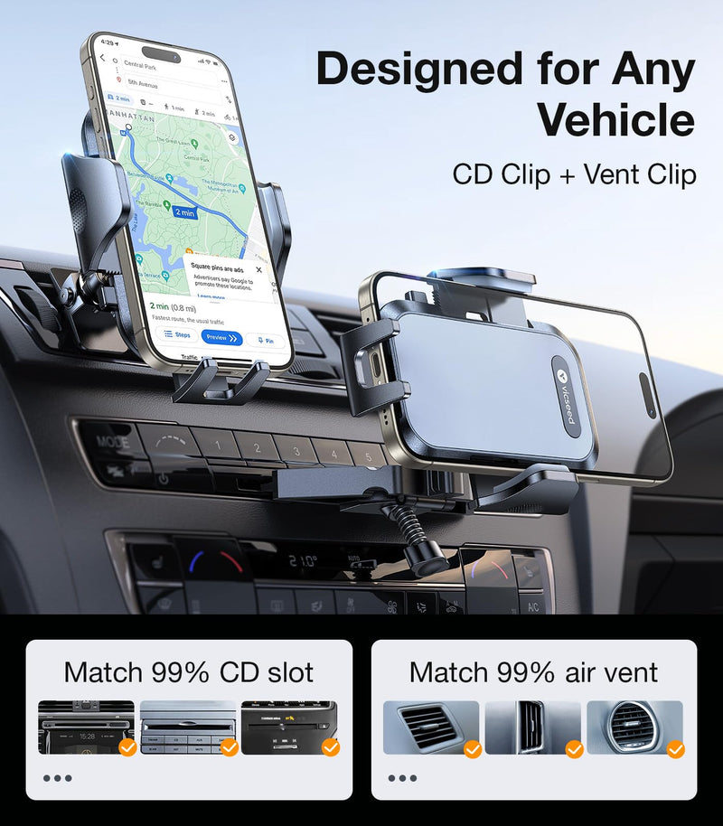 VICSEED Car Phone Holder with Metal CD Slot & Air Vent Clip [Secure Hold] | Anti-Shake CD Phone Holder for Car, Thick Case Friendly, Stays Secure on Bumpy Roads, for iPhone 17 Pro Max Android Samsung Black