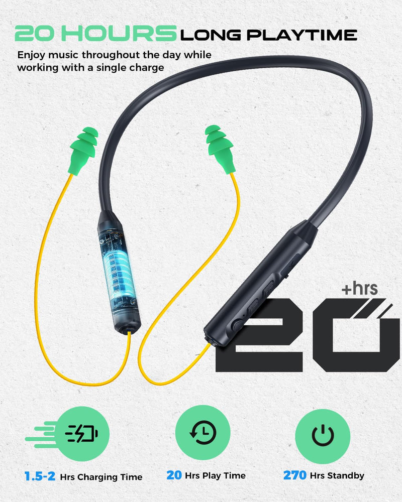 MIPEACE Bluetooth Earplug Headphones, Neckband Wireless Earbuds earplugs-29db Noise Reduction isolating in-Ear earplug Earphones and Controls,IPX5 sweatproof,19+Hour Battery(Yellow & Green) Yellow & Green