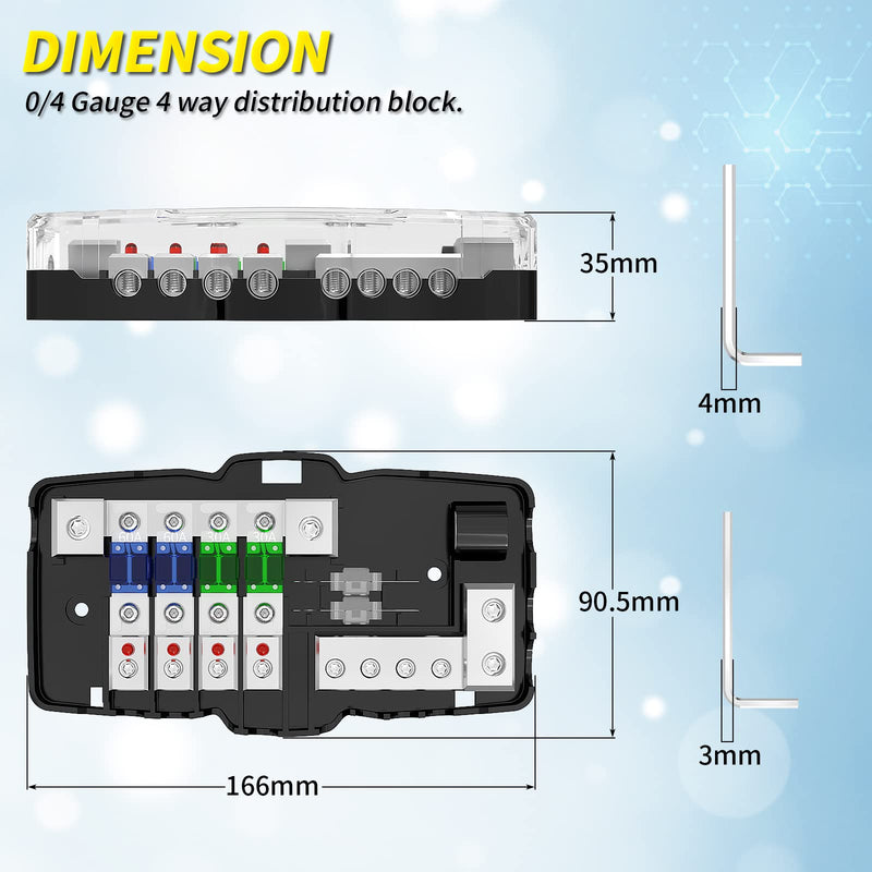 Joinfworld Fused Power Distribution Block Car Audio 4 Way MIDI(Mini-ANL) Fuse Block 12V 0/4 Gauge with Ground for Auto UTV Boat Stereo Amp