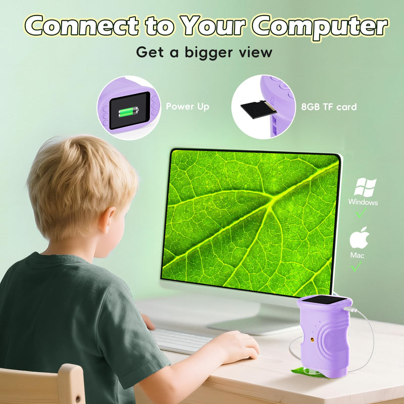 [AUSTRALIA] - Alotwan Kids Digital Microscope 1000X Zoom, Mini Pocket Handheld Microscope with Camera/Video/Telescope Function, Portable Outdoor Travel Toys for Boys Girls 3-8 Years STEM Gifts, 8GB SD Card Included Purple 