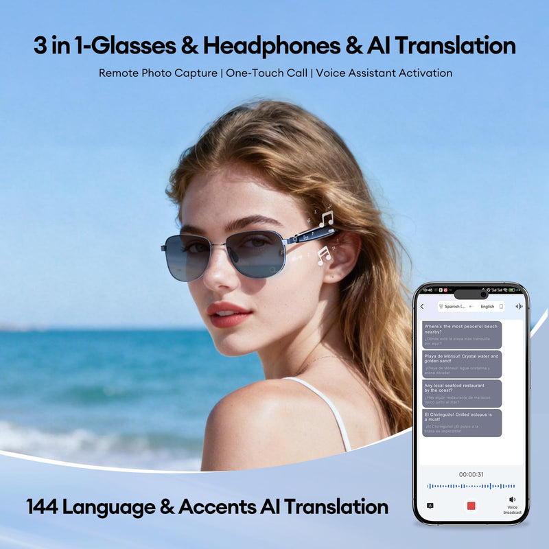 PAXA Metal Frame Smart Audio Sunglasses with Translation App, UV400 | Metal Frame Comfort, Adjustable Nose Pads, Anti-Slip Fit, UV400 Lenses, Open-Ear Audio & Translation App Support Metal Frame - Black