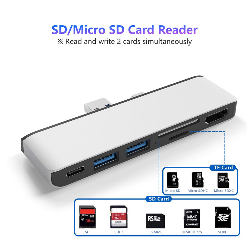 Surface Pro 7 USB C Hub, 6-in-2 Aluminum Surface Pro 2019 Dock with 4K HDMI Adapter+ USB C Audio & Data Transfer Port +2 USB 3.0+SD/TF Card Reader, Converter Combo Adaptor for Microsoft Surface Pro 7
