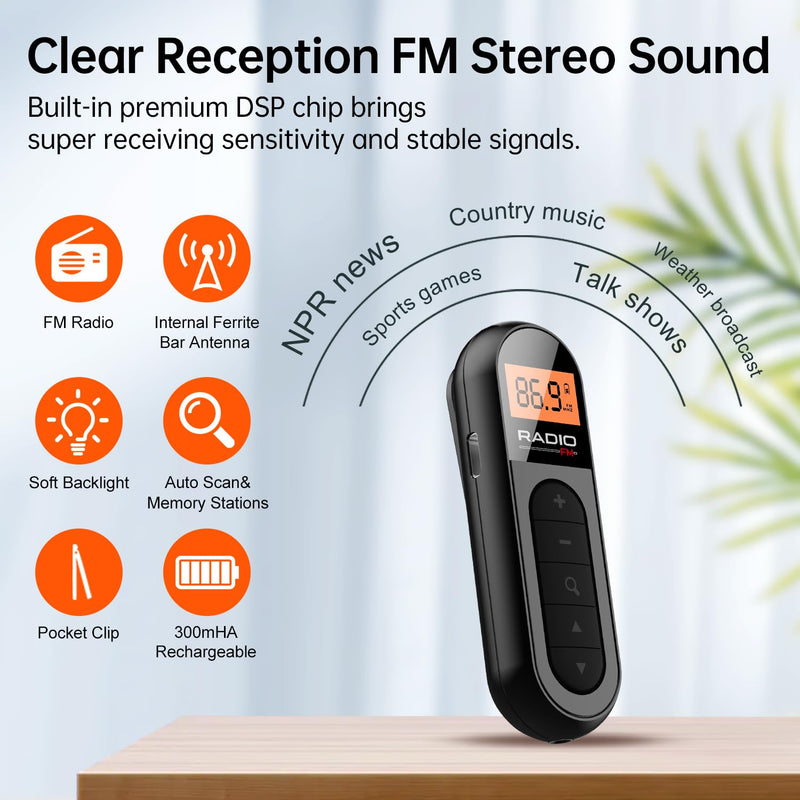 FM Portable Radio, Rechargeable Pocket Radio with Best Reception Digital Tuning, LCD Screen,Belt Clip, Stereo Sound Earphone Jack for Gym, Jogging, Walking, Camping