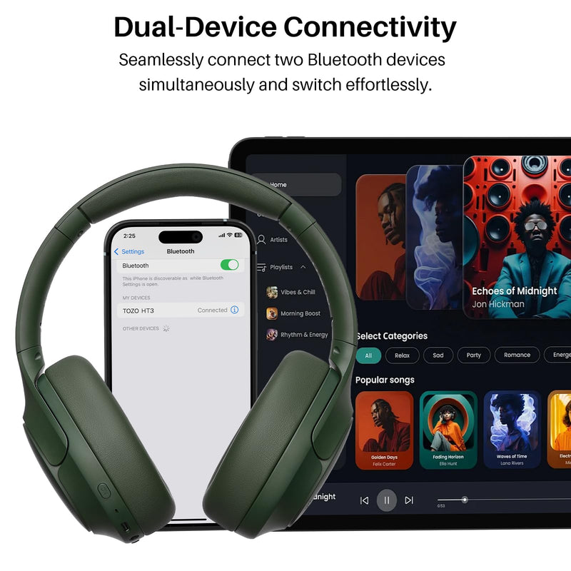 TOZO HT3 Hybrid Noise Cancelling Wireless Headphones, 90H Over Ear Headset | Hi Res Audio, AI Voice Assistant, Dual Device Connection, 32 Custom EQs, Built In 5 Mics, ANC, Foldable with Case Matte Green Headphones with Case