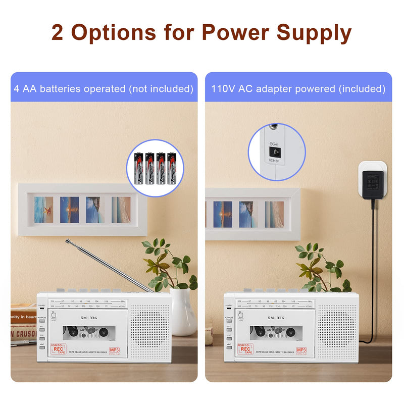 Portable Cassette Tape Player to Digital Converter via USB or SD Card, AM FM Walkman Cassette Tape Recorder Power by DC or AA Battery,Built-in Microphone, Speaker and Headphone Jack