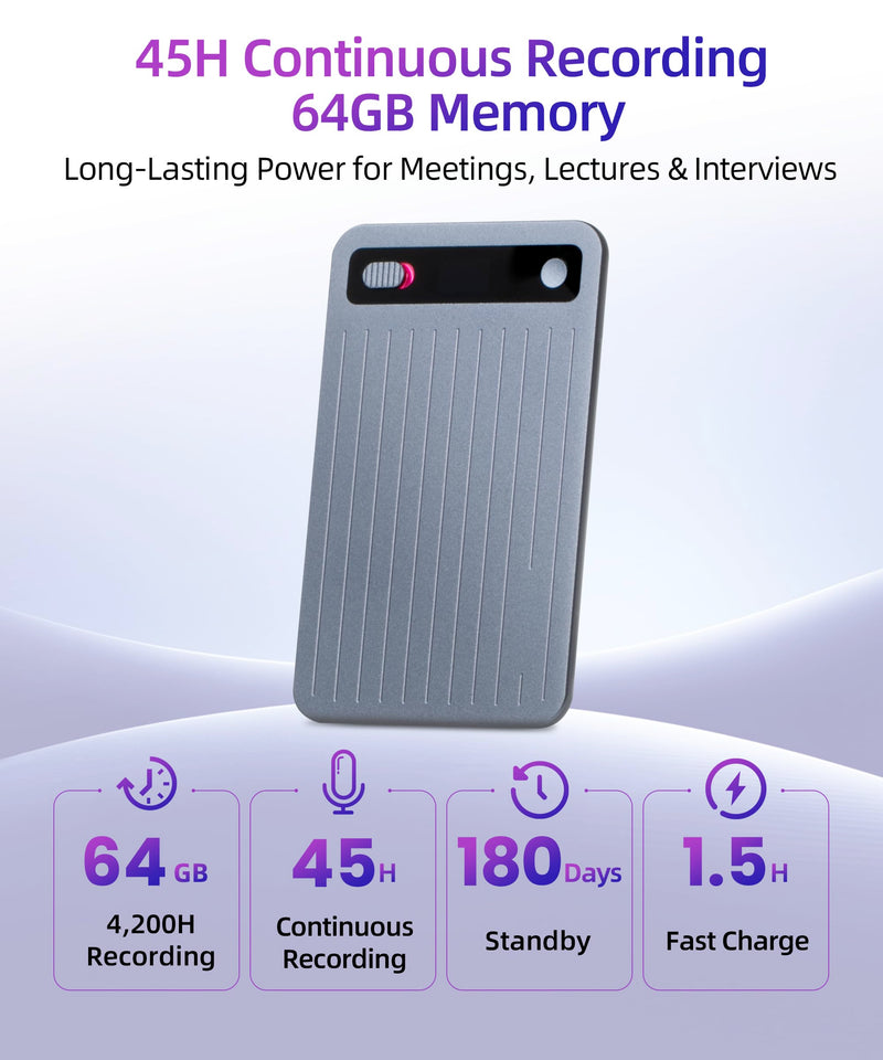 [AUSTRALIA] - AI Voice Recorder with App Control, Noise Reduction, Transcribe & Summarize with AI Technology, Note-Taking Device Supporting 104 Languages, 64GB Digital Audio Recorder for Meetings and Calls – Gray 